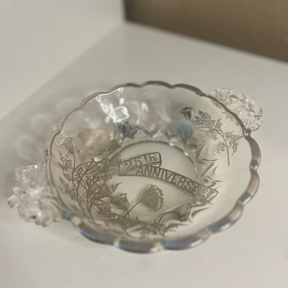 Vintage | 25th Anniversary Etched Glass Bowl with Handles